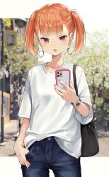 Rule 34 | 1girl, bag, blush, breasts, denim, earrings, highres, isegawa yasutaka, jeans, jewelry, looking at viewer, nail polish, open mouth, orange hair, original, pants, pink nails, purple eyes, shirt, small breasts, smile, solo, t-shirt, twintails, watch, wristwatch