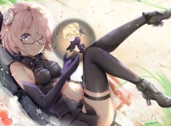 Rule 34 | 1girl, 2girls, armor, armored dress, artoria pendragon (fate), bad id, bad pixiv id, bare shoulders, black dress, black footwear, black skirt, black thighhighs, blonde hair, breasts, commentary request, dress, elbow gloves, fate/grand order, fate (series), flower, glasses, gloves, hair flower, hair ornament, hair over one eye, highres, light purple hair, looking at viewer, lying, mash kyrielight, medium breasts, multiple girls, navel, on back, pedo0201, purple eyes, purple hair, short hair, signature, skirt, sleeveless, sleeveless dress, thighhighs, white flower