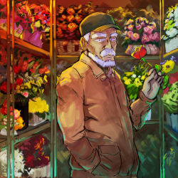 Rule 34 | 10s, 1boy, alice to zouroku, baseball cap, beard, bouquet, brown jacket, colorful, cowboy shot, eyebrows, facial hair, flower, green hat, hand in pocket, hat, holding, holding flower, jacket, kashimura zouroku, looking at viewer, male focus, mustache, old, old man, red flower, red rose, rose, shelf, shop, solo, tofu (tofulabo), white hair