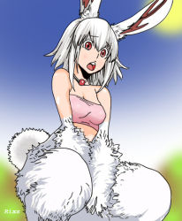Rule 34 | 10s, 1girl, animal ears, bare shoulders, blush, rabbit ears, inaba ui, killing bites, monster girl, open mouth, red eyes, red neckwear, rixz, short hair, silver hair, solo, teeth