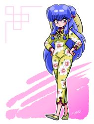 Rule 34 | 1girl, abstract background, bow, breasts, chinese clothes, double bun, floral print, hair bow, hair bun, hair ornament, hands on own hips, hat, hat on back, high collar, jumpsuit, light smile, long hair, looking at viewer, medium breasts, narrow waist, onesie, pink eyes, purple hair, ranma 1/2, red bow, shampoo (ranma 1/2), sidelocks, straw hat, two-tone background, walking, wanta (futoshi), wide hips, yellow footwear, yellow jumpsuit