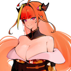 Rule 34 | 1girl, ahoge, arms at sides, bare shoulders, blunt bangs, breasts, bright pupils, cleavage, closed mouth, detached collar, dismassd, dragon girl, dragon horns, dress, floral print, hololive, horns, huge breasts, japanese clothes, kimono, kiryu coco, kiryu coco (new year), long hair, looking at viewer, multicolored hair, obi, off-shoulder dress, off shoulder, orange hair, pointy ears, purple eyes, sash, simple background, smile, solo, streaked hair, upper body, very long hair, virtual youtuber, white background