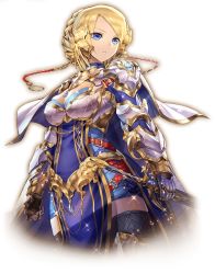 Rule 34 | 1girl, armor, artist request, blonde hair, blue eyes, breasts, capelet, cowboy shot, gauntlets, gyakushuu no fantasica, huge breasts, jewelry, necklace, official art, parted bangs, sheath, sheathed, short hair, simple background, solo, sword, tabard, thighhighs, weapon