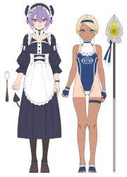 Rule 34 | 2girls, absurdres, black dress, blonde hair, blue eyes, breasts, demon tail, dress, fingerless gloves, frilled hairband, frills, full body, gloves, gluteal fold, hairband, highleg, highleg swimsuit, highres, horns, looking at viewer, maid, multiple girls, one-piece swimsuit, original, pointy ears, purple eyes, purple hair, shinomu (cinomoon), short hair, simple background, small breasts, smile, straight-on, swimsuit, tail, tan, tanline, thigh strap, weapon, white background