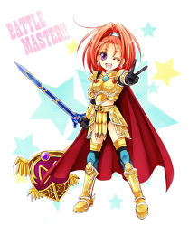 Rule 34 | 1girl, armor, bad id, bad pixiv id, barbara (dq6), boots, cape, dragon quest, dragon quest vi, earrings, gloves, high ponytail, jewelry, miele, one eye closed, open mouth, orange hair, ponytail, purple eyes, shield, star (symbol), sword, thighhighs, v, weapon, wink