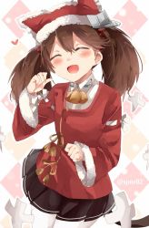 Rule 34 | 10s, 1girl, :d, animal hat, bad id, bad twitter id, bell, blush, brown hair, cat hat, closed eyes, fang, hat, heart, kantai collection, long hair, open mouth, pantyhose, pleated skirt, ryuujou (kancolle), santa costume, shijima (sjmr02), shikigami, skirt, smile, solo, twintails, twitter username, white pantyhose