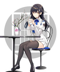 Rule 34 | 1girl, akanebi, azur lane, black hair, black thighhighs, breasts, chair, choukai (azur lane), closed mouth, cup, hair between eyes, hair ornament, highres, holding, holding cup, izumo neru, large breasts, long hair, long sleeves, looking at viewer, mug, pleated skirt, sitting, skirt, smile, solo, table, thighhighs, yellow eyes