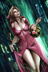 Rule 34 | 1girl, aerith gainsborough, anastasia (asteltainn), bare shoulders, basket, bracelet, braid, breasts, brown hair, choker, cleavage, clothes lift, coat, dress, dress lift, final fantasy, final fantasy vii, flower, flower basket, green eyes, hair ornament, hair ribbon, jewelry, lips, pink dress, ponytail, red coat, ribbon, square enix, square soft, thighs