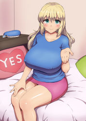 Rule 34 | 10s, 1girl, aqua eyes, atago (kancolle), blonde hair, blush, breasts, covered erect nipples, huge breasts, kantai collection, long hair, looking at viewer, on bed, sitting, smile, solo