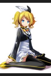 Rule 34 | 1girl, absurdres, blue eyes, collar, dress, eyewear around neck, frilled collar, frilled sleeves, frills, highres, kagamine rin, nail polish, pillarboxed, pleated dress, project diva (series), reactor (module), roshin yuukai (vocaloid), short hair, short twintails, sitting, smile, solo, striped clothes, striped thighhighs, thighhighs, thighs, tsukishiro saika, twintails, vertical-striped clothes, vertical-striped thighhighs, vocaloid, wariza, white background, wide sleeves
