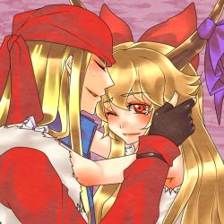 Rule 34 | 1boy, 1girl, arc system works, axl low, bandana, blonde hair, bow, crossover, discharge cycle, fingerless gloves, gloves, guilty gear, hair bow, hetero, horn ornament, horn ribbon, horns, ibuki suika, m.u.g.e.n, oni, red eyes, ribbon, tears, tobi (discharge cycle), touhou, wince