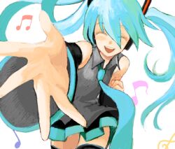 Rule 34 | :d, bad drawr id, bad id, bare shoulders, beamed eighth notes, black skirt, black thighhighs, blue hair, blue necktie, closed eyes, detached sleeves, eighth note, facing viewer, foreshortening, grey shirt, hair between eyes, hatsune miku, long hair, michi ta (masquerade), musical note, necktie, oekaki, open hand, open mouth, reaching, reaching towards viewer, shirt, simple background, skirt, sleeveless, sleeveless shirt, smile, teeth, thighhighs, treble clef, twintails, upper teeth only, vocaloid, white background, zettai ryouiki