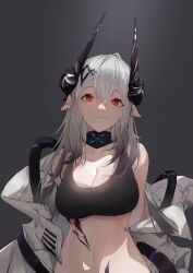Rule 34 | arknights, bare shoulders, breasts, demon horns, highres, horns, large breasts, light smile, looking at viewer, mudrock (arknights), resized, resolution mismatch, source smaller, sports bra, stomach, tangyou guozi zzz, upscaled, white hair