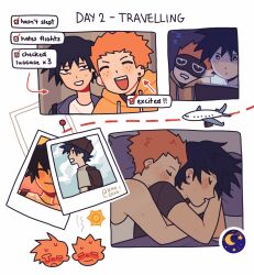 Rule 34 | 2boys, aircraft, airplane, arrow (symbol), black hair, blush, closed eyes, commentary, cuddling, english commentary, english text, excited, freckles, highres, hood, hood down, hoodie, kageyama ritsu, kaogens, lying, male focus, mob psycho 100, multiple boys, on side, open mouth, orange hair, orange hoodie, photo (object), shirt, short hair, short sleeves, simple background, sleep mask, sleeping, smile, spooning, suzuki shou, tank top, white background, yaoi, zzz