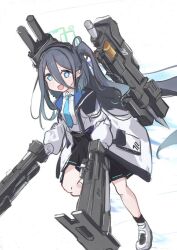 Rule 34 | 1girl, aris (blue archive), armored core, armored core 6, black hair, blue archive, blue eyes, breasts, dual wielding, full body, gradient hair, gun, hair between eyes, halo, highres, holding, holding gun, holding weapon, hsj01211, long hair, long hair between eyes, looking at viewer, multicolored hair, necktie, open mouth, pleated skirt, side ponytail, sketch, skirt, small breasts, smile, solo, very long hair, weapon