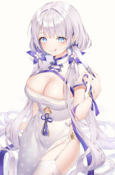 Rule 34 | 1girl, :q, azur lane, blue eyes, breasts, china dress, chinese clothes, cleavage, dress, garter straps, highres, holding, illustrious (azur lane), illustrious (maiden lily&#039;s radiance) (azur lane), large breasts, long hair, looking at viewer, mellozzo, purple ribbon, ribbon, short sleeves, side slit, silver hair, simple background, smile, solo, tassel, thighhighs, thighs, tongue, tongue out, very long hair, white background, white dress, white thighhighs