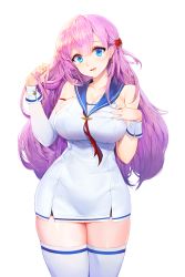 Rule 34 | 1girl, bare shoulders, blue eyes, blue sailor collar, blush, breasts, cleavage, collarbone, dress, earrings, hair between eyes, hand in own hair, hand on own chest, head tilt, highres, jewelry, large breasts, light purple hair, long hair, looking at viewer, official art, parted lips, resized, rosie (soccer spirits), sailor collar, skindentation, smile, snowball22, soccer spirits, solo, standing, thighhighs, transparent background, upscaled, white dress, white thighhighs, wrist cuffs