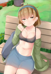 Rule 34 | 1girl, bad id, bad pixiv id, blue skirt, blush, bra, branch, brown eyes, brown hair, closed mouth, grass, green jacket, hair between eyes, headband, jacket, kantai collection, looking at viewer, miniskirt, ne an ito, oboro (kancolle), skirt, solo, sports bra, thighs, underwear