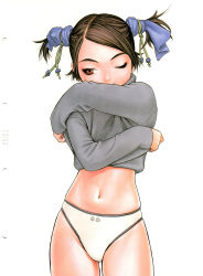 Rule 34 | 1girl, absurdres, bottomless, brown hair, clothes lift, cowboy shot, form code, grey sweater, highres, long sleeves, murata range, navel, no pants, orange eyes, panties, scan, shirt, shirt lift, solo, standing, sweater, turtleneck, twintails, underwear, undressing, white panties