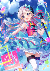 Rule 34 | 1girl, :d, aqua bow, aqua skirt, armband, belt, beret, black hat, bow, braid, breasts, clothing cutout, commentary, confetti, day, grey eyes, hat, hat bow, highres, hisakawa hayate, holding, holding microphone stand, idolmaster, idolmaster cinderella girls, idolmaster cinderella girls starlight stage, iku2727, long hair, microphone stand, miniskirt, official alternate costume, open mouth, outstretched arm, petticoat, pink bow, pleated skirt, shirt, skirt, sky, sleeveless, sleeveless shirt, small breasts, smile, solo, stomach cutout, thighhighs, two-tone headwear, two-tone shirt, wavy hair, white belt, white hair, white hat, white thighhighs