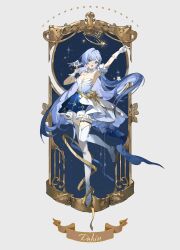 Rule 34 | 1girl, alternate costume, arm up, armpits, blue dress, blue hair, boots, breasts, character name, cleavage, detached sleeves, dress, floating hair, full body, halo, hand up, head wings, highres, holding, holding microphone, honkai: star rail, honkai (series), idol, long hair, looking at viewer, microphone, open mouth, robin (honkai: star rail), short sleeves, simple background, smile, solo, standing, wings, yashugu