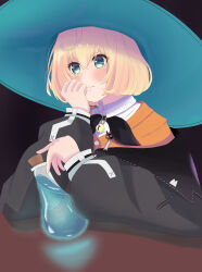 Rule 34 | 1girl, black background, blonde hair, blue eyes, closed mouth, corked bottle, hand on own face, hat, highres, kempowder, long sleeves, millie parfait, millie parfait (1st costume), nijisanji, nijisanji en, non-web source, potion, self-upload, solo, source request, virtual youtuber, witch hat