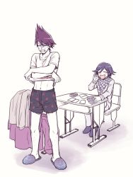 Rule 34 | 10s, 2boys, black hair, card, checkered clothes, checkered scarf, unworn clothes, danganronpa (series), danganronpa v3: killing harmony, facial hair, gambling, goatee, hairy legs, male focus, momota kaito, multiple boys, open mouth, oma kokichi, pants, playing card, playing games, purple eyes, purple hair, scarf, school uniform, simple background, slippers, smile, space print, spiked hair, starry sky print, straitjacket, turn pale, undressing