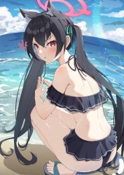 Rule 34 | 1girl, :t, anger vein, animal ear fluff, animal ears, ass, bad id, bad pixiv id, band (skymole01), bare legs, bare shoulders, beach, bikini, black bikini, black hair, blue archive, blush, closed mouth, cloud, day, extra ears, frilled bikini, frills, from side, hair between eyes, halo, highres, long hair, looking to the side, ocean, off-shoulder bikini, off shoulder, official alternate costume, red eyes, sandals, serika (blue archive), serika (swimsuit) (blue archive), slippers, solo, squatting, steepled fingers, swimsuit, thighs, very long hair