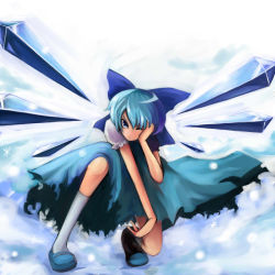 Rule 34 | 1girl, blue eyes, blue hair, cirno, dress, enisuke, female focus, full body, gradient background, matching hair/eyes, ribbon, solo, touhou, white background, wings