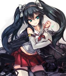 Rule 34 | 10s, 1girl, bad id, bad pixiv id, black hair, cis (carcharias), detached sleeves, green eyes, hair ribbon, isuzu (kancolle), kantai collection, long hair, personification, ribbon, school uniform, serafuku, smile, solo, thighhighs, twintails