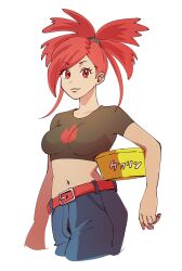 Rule 34 | 1girl, belt, breasts, closed mouth, collarbone, commentary request, cowboy shot, creatures (company), denim, eyelashes, flannery (pokemon), game freak, highres, holding, jeans, looking at viewer, medium breasts, midriff, navel, nintendo, osg pk, pants, pokemon, pokemon rse, ponytail, red belt, red eyes, red hair, shirt, short sleeves, smile, solo, white background