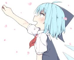 Rule 34 | 1girl, ahoge, arm up, blue bow, blue hair, blue vest, blush, bow, cherry blossoms, cirno, commentary request, detached wings, from side, hair bow, ice, ice wings, kae karee, medium hair, open mouth, petals, pink background, short sleeves, simple background, smile, solo, touhou, upper body, vest, wings