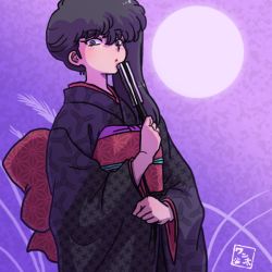 Rule 34 | 1girl, :o, black hair, fan, japanese clothes, kimono, kunou kodachi, ranma 1/2, side ponytail, solo, wanta (futoshi)