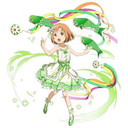 Rule 34 | 1girl, :d, aged down, ankle ribbon, asuna (sao), brown eyes, brown hair, collarbone, dress, fish, flower, frilled dress, frills, full body, green footwear, green ribbon, hair flower, hair ornament, hair ribbon, high heels, layered dress, leg ribbon, looking at viewer, official art, open mouth, outstretched arms, pumps, purple flower, ribbon, short hair, simple background, sleeveless, sleeveless dress, smile, socks, solo, sundress, sword art online, sword art online: memory defrag, white background, white socks