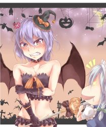 Rule 34 | 2girls, alternate costume, alternate hair length, alternate hairstyle, angry, arm grab, armlet, artist request, bare shoulders, barussu, bat (animal), bat wings, black gloves, black panties, black shirt, blue dress, blue hair, blush, bow, braid, breasts, brooch, bug, camera, cane, choker, cleavage, clenched teeth, collarbone, crop top, cross, dress, elbow gloves, embarrassed, eyebrows, frilled hat, frilled panties, frills, gloves, grave, grin, hair bow, halloween, hat, hat bow, highres, izayoi sakuya, jack-o&#039;-lantern, jewelry, leaf, long hair, maid, maid headdress, mini hat, multiple girls, navel, night, night sky, panties, red eyes, remilia scarlet, saliva, shirt, short sleeves, sky, small breasts, smile, sparkling eyes, spider, tearing up, teeth, touhou, underwear, white shirt, wings, witch hat