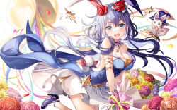 Rule 34 | 1girl, :d, animal ears, bare shoulders, blue dress, blue eyes, blue footwear, blue hair, blue hat, bouquet, breasts, brown rose, cleavage, commentary request, confetti ball, copyright request, dress, flower, fujima takuya, hair between eyes, hair flower, hair ornament, hat, high heels, holding, holding bouquet, long hair, looking at viewer, medium breasts, open mouth, purple flower, purple rose, rabbit ears, red flower, red rose, rose, shoes, simple background, smile, solo, strapless, strapless dress, streamers, teeth, upper teeth only, very long hair, virtual youtuber, white background, white flower, white rose, witch hat