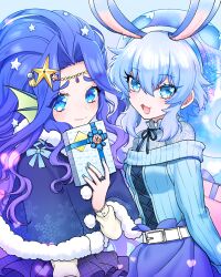 Rule 34 | 2girls, animal ears, blue eyes, blue hair, box, closed mouth, corriente (show by rock!!), fins, gift, gift box, hat, head fins, highres, light blue background, light blue hair, liquid hair, long hair, looking at viewer, mel6969, mermaid, monster girl, multiple girls, open mouth, rabbit ears, rabbit girl, show by rock!!, smile, wendy (show by rock!!)