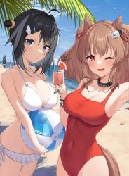 Rule 34 | 1other, 2girls, :o, ;d, absurdres, ahoge, angelina (arknights), angelina (summer flower) (arknights), animal ears, arknights, arm up, armpits, ball, bare arms, bare shoulders, beach, beachball, bikini, black coat, black eyes, black hair, blue sky, blush, bracelet, breasts, brown hair, casual one-piece swimsuit, cleavage, clothing cutout, coat, collar, collarbone, covered navel, cowboy shot, cup, day, doctor (arknights), drinking glass, feather hair, fox ears, fox girl, fox tail, frilled bikini, frills, grapefruit, grapefruit slice, hair between eyes, hair bun, hair ornament, hairclip, heart, heart-shaped pupils, highres, holding, holding ball, holding beachball, holding cup, infection monitor (arknights), jewelry, la pluma (arknights), la pluma (summer flowers) (arknights), large breasts, long hair, looking at viewer, multiple girls, ocean, official alternate costume, one-piece swimsuit, one eye closed, open mouth, outdoors, parted lips, red eyes, red one-piece swimsuit, short hair, sidelocks, single hair bun, single side bun, sky, smile, swimsuit, symbol-shaped pupils, tail, tail through clothes, twintails, white bikini, wing hair ornament, xooku