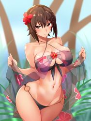 Rule 34 | 10s, 1girl, baron (nsbaron), bikini, black bikini, breasts, brown eyes, brown hair, cleavage, closed mouth, commentary request, cowboy shot, flower, front-tie top, girls und panzer, hair flower, hair ornament, hibiscus, large breasts, looking at viewer, navel, nishizumi maho, o-ring, o-ring bikini, o-ring bottom, see-through, short hair, solo, standing, swimsuit