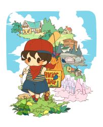 Rule 34 | 1boy, arrow (symbol), bag, bandana, baseball bat, baseball cap, black hair, blue shirt, blue shorts, blue sky, blush, blush stickers, border, building, closed mouth, cloud, commentary request, full body, grass, hand up, hat, hitofutarai, holding, holding baseball bat, house, leaf, looking at viewer, male focus, mother (game), mother 1, mountain, multicolored clothes, ninten, nintendo, path, plant, red bandana, red hat, red socks, road, rock, sack, shirt, short hair, short sleeves, shorts, sideways hat, sign, sky, socks, solid oval eyes, solo, standing, striped clothes, striped shirt, t-shirt, tombstone, tree, two-tone shirt, white border, yellow shirt