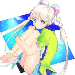 Rule 34 | absurdres, aqua eyes, ass, bad id, bad pixiv id, blue sky, blush, earrings, highres, jewelry, knees up, layered stories zero, long hair, looking at viewer, mgnj0, nail polish, sky, solo, twintails, white footwear, white hair