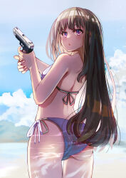 Rule 34 | ass, back, bad id, bad pixiv id, beach, bikini, black hair, breasts, cloud, cloudy sky, eyebrows hidden by hair, gun, highres, holding, holding gun, holding weapon, inoue takina, kamome (aiou0413), light blush, long hair, looking at viewer, lycoris recoil, mountainous horizon, open mouth, purple eyes, side-tie bikini bottom, sky, small breasts, swimsuit, thighs, weapon