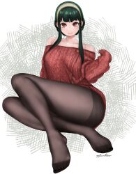 Rule 34 | 1girl, absurdres, black hair, brown pantyhose, closed mouth, dismaiden, earrings, full body, grey hairband, hairband, highres, invisible floor, jewelry, looking at viewer, on ground, pantyhose, red eyes, red sweater, smile, solo, spy x family, sweater, yor briar