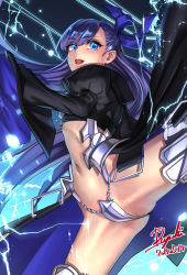 Rule 34 | 10s, 1girl, :d, armor, ass, blue eyes, crotch plate, fate/extra, fate/extra ccc, fate/grand order, fate (series), greaves, highres, long hair, looking at viewer, meltryllis (fate), navel, open mouth, purple hair, revealing clothes, ryuki@maguro-ex, smile, solo, spread legs, teeth, very long hair