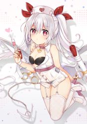 Rule 34 | 1girl, azur lane, bad id, bad pixiv id, bandaged arm, bandages, bare arms, bare shoulders, bat wings, bikini, bikini top only, black bikini, breasts, chain, choker, cleavage, closed mouth, collarbone, commentary request, dress, full body, garter straps, grey wings, hair between eyes, hair ribbon, hat, heart, high heels, highres, holding, holding syringe, long hair, looking at viewer, low wings, metal wings, nurse cap, red choker, red eyes, red ribbon, ribbon, shikino (sikinonono), silver hair, sleeveless, sleeveless dress, small breasts, solo, swimsuit, syringe, thighhighs, twintails, vampire (azur lane), vampire (little devil in white) (azur lane), very long hair, white background, white dress, white footwear, white hat, white thighhighs, wings