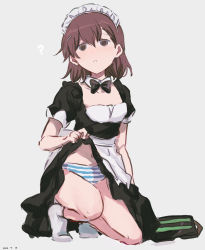 Rule 34 | 1girl, ?, absurdres, alternate costume, apron, blue panties, breasts, brown eyes, brown hair, clothes lift, collarbone, dated, enmaided, full body, grey background, hair between eyes, highres, lifting own clothes, looking at viewer, maid, maid headdress, medium hair, misaka imouto, no shoes, open mouth, panties, short sleeves, simple background, skirt, skirt lift, small breasts, socks, solo, striped clothes, striped panties, takatisakana, toaru kagaku no railgun, toaru majutsu no index, underwear, waist apron, white apron, white socks