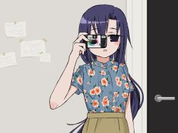 Rule 34 | 1girl, aiming, aiming at viewer, bad id, bad pixiv id, blue shirt, blush, brown skirt, camera, door, floral print, gishiki (gshk), goshiki agiri, hand up, high-waist skirt, holding, holding camera, kill me baby, looking at viewer, parted lips, purple eyes, purple hair, shirt, short sleeves, skirt, solo, taking picture, upper body