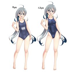 Rule 34 | absurdres, ahoge, bare shoulders, barefoot, blue one-piece swimsuit, breasts, collarbone, commentary request, comparison, competition swimsuit, covered navel, dual persona, flat chest, full body, grey eyes, grey hair, groin, hair between eyes, hair ribbon, highleg, highleg swimsuit, highres, kantai collection, kiyoshimo (kancolle), kiyoshimo kai ni (kancolle), long hair, looking at viewer, low twintails, name tag, new school swimsuit, one-piece swimsuit, open mouth, ribbon, round teeth, school swimsuit, small breasts, swimsuit, takafumi, teeth, twintails, upper teeth only, v-shaped eyebrows, variant set, very long hair