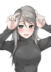 Rule 34 | arms up, black shirt, blush, bralines, bright pupils, brown eyes, brown hair, commentary, elf (stroll in the woods), girls und panzer, highres, long hair, long sleeves, mika (girls und panzer), no headwear, open mouth, shirt, smile, textless version, turtleneck, upper body, white pupils