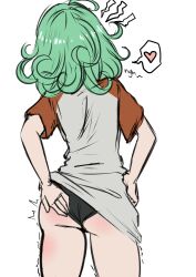 Rule 34 | 1girl, aftersex, ass, ass smack, black panties, brown shirt, commentary, cowboy shot, curly hair, english commentary, from behind, green hair, hand on own ass, heart, highres, medium hair, one-punch man, panties, redi (rasec asdjh), shirt, short sleeves, simple background, sketch, solo, spoken heart, standing, tatsumaki, thigh gap, thighs, twitching, two-tone shirt, underwear, wedgie, white background, white shirt